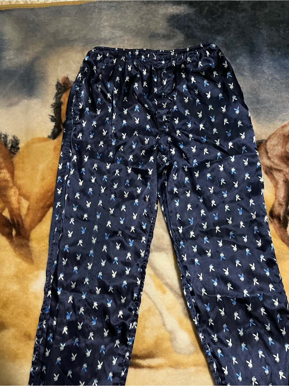 Vintage Playboy Men’s Size S Bunny Head Blue Satin Pajama Lounge Pants All Over